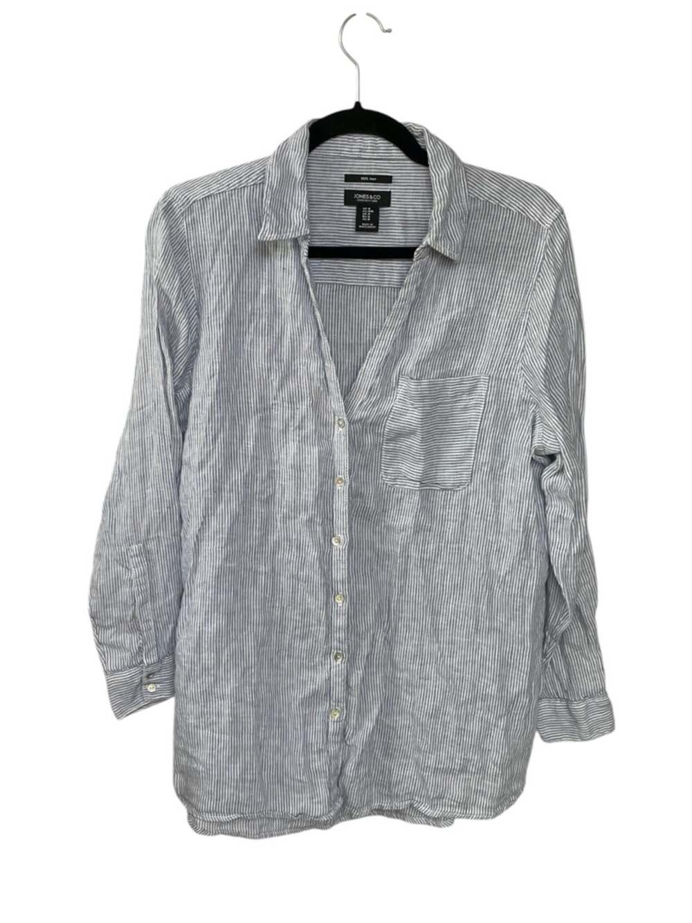 Jones New York Lightweight Blue-White Striped Linen Button-Up Blouse M